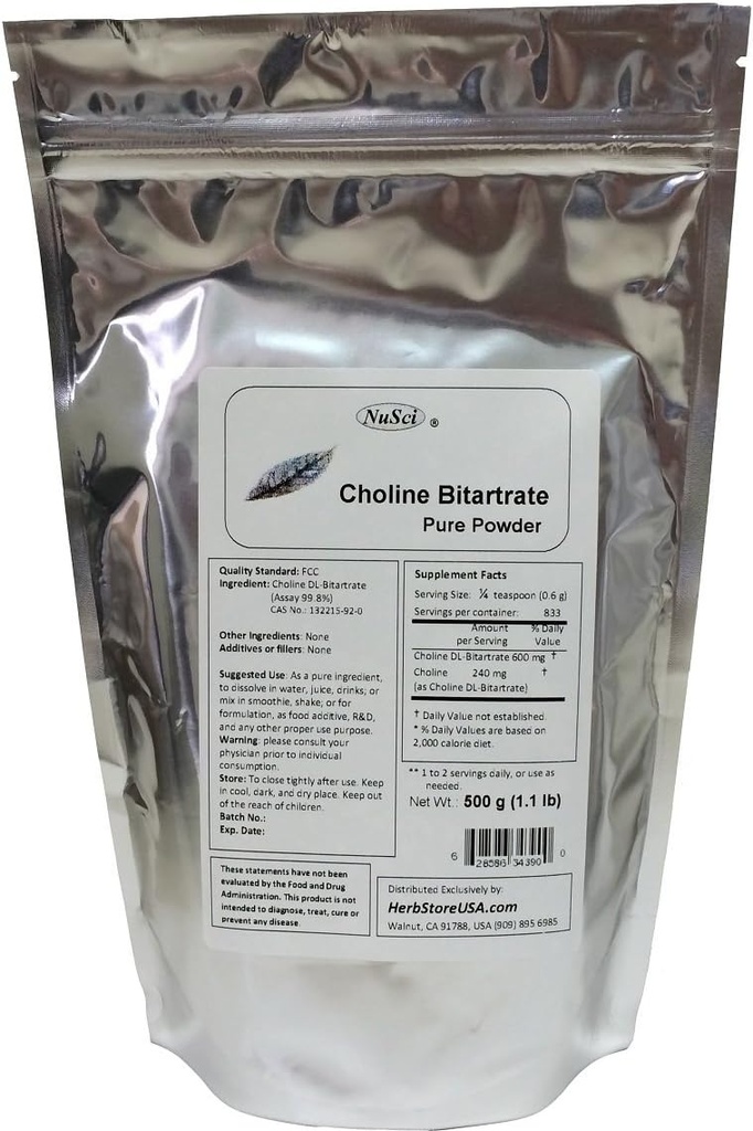 Choline DL- Bitartrate 纯粉状500g(1.1 磅, 17.6 oz) 智能营养剂
