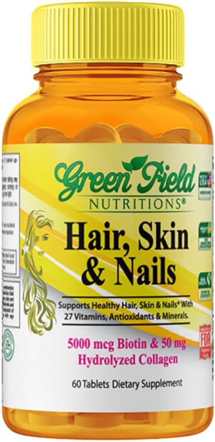 绿田营养 成人的Halal Biotin药片 - 60种Halal Multivitamin for Hair Skins and Nails - 高能 5000mcg Biotin with 50mg Collagen and Minerals - Gelatin Gluten Free, N-GMO 维生素