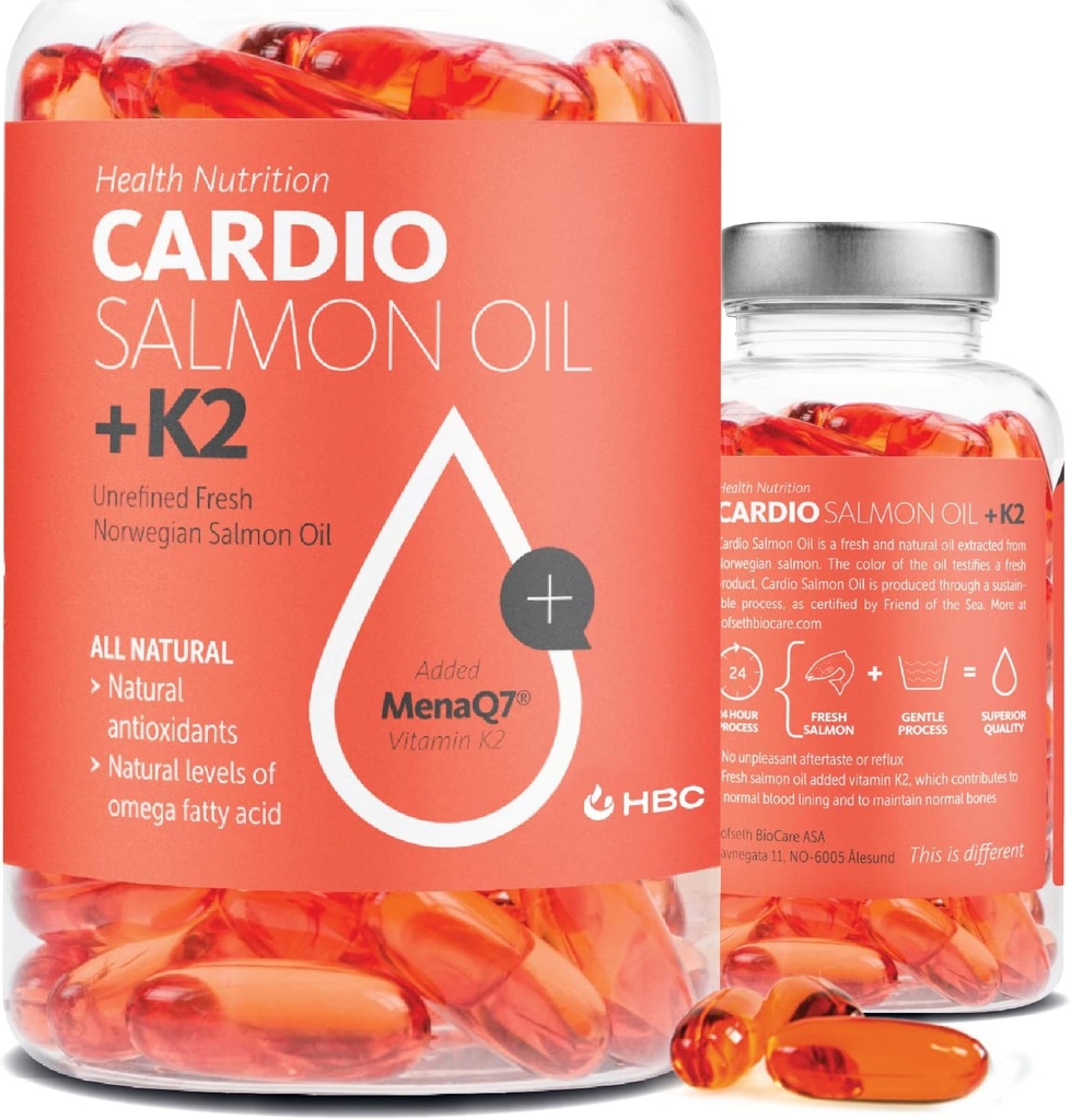 高强度Omega 3 鱼油加维生素K2-1000mg,挪威沙门油,EPA & DHA,Burpless,Omega 3 脂肪酸 眼,脑,心和豁免补充剂 - 90 Capsules - Cardio