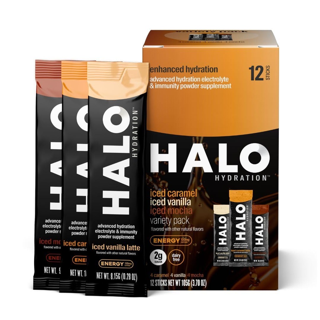 哈洛水利 – 电解质 能量 饮料 Mix → 水利 粉末包装 → 品种 包装(Caramel, Vanilla, Mocha Lattes),健康瘦咖啡 → 易打开单件服务棒 → 12 棒