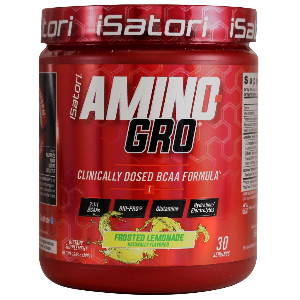 iSatori 氨基-GRO BCAA 粉末、带Glutamine的分链氨基酸、电解粉和生物-GRO生物活性百合剂促进肌肉生长和工作后恢复、冷冻柠檬汁(30种)