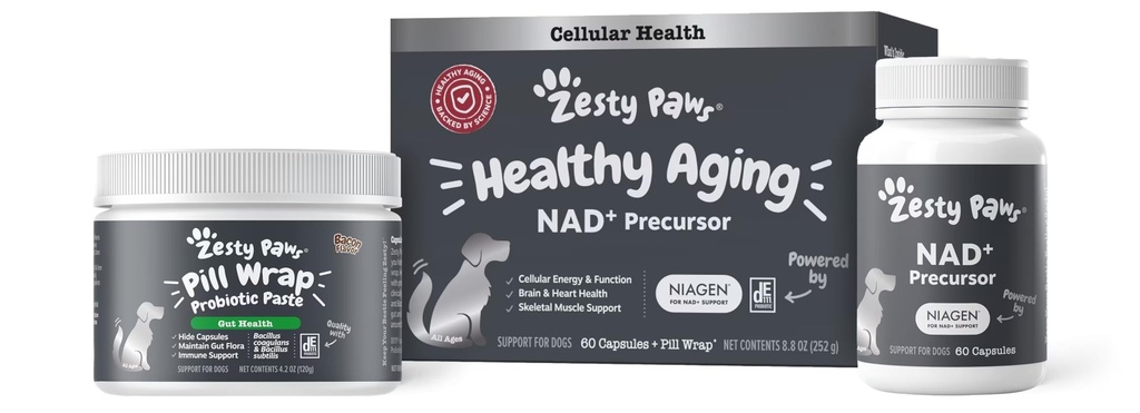 Zesty Paws NAD+ 狗的前体补充剂 - 健康老化和骨骼支持与恢复的Niagen - 大脑,心脏,和细胞能量支持 - 尼科蒂纳米德里博赛德氯化物 - 60 Capsules