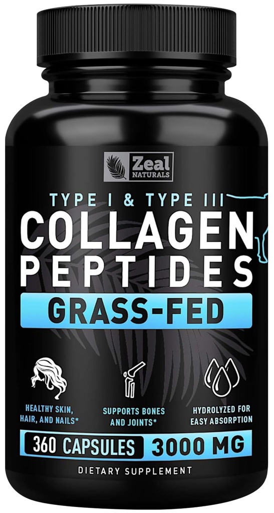 泽尔天然酸盐(Collagen Peptides Collagen Pills)(360 Capsules) 草药(Collagen Pepetide Powder) - 联合Tendon 补充Hair Skin和Nails的水解酸盐