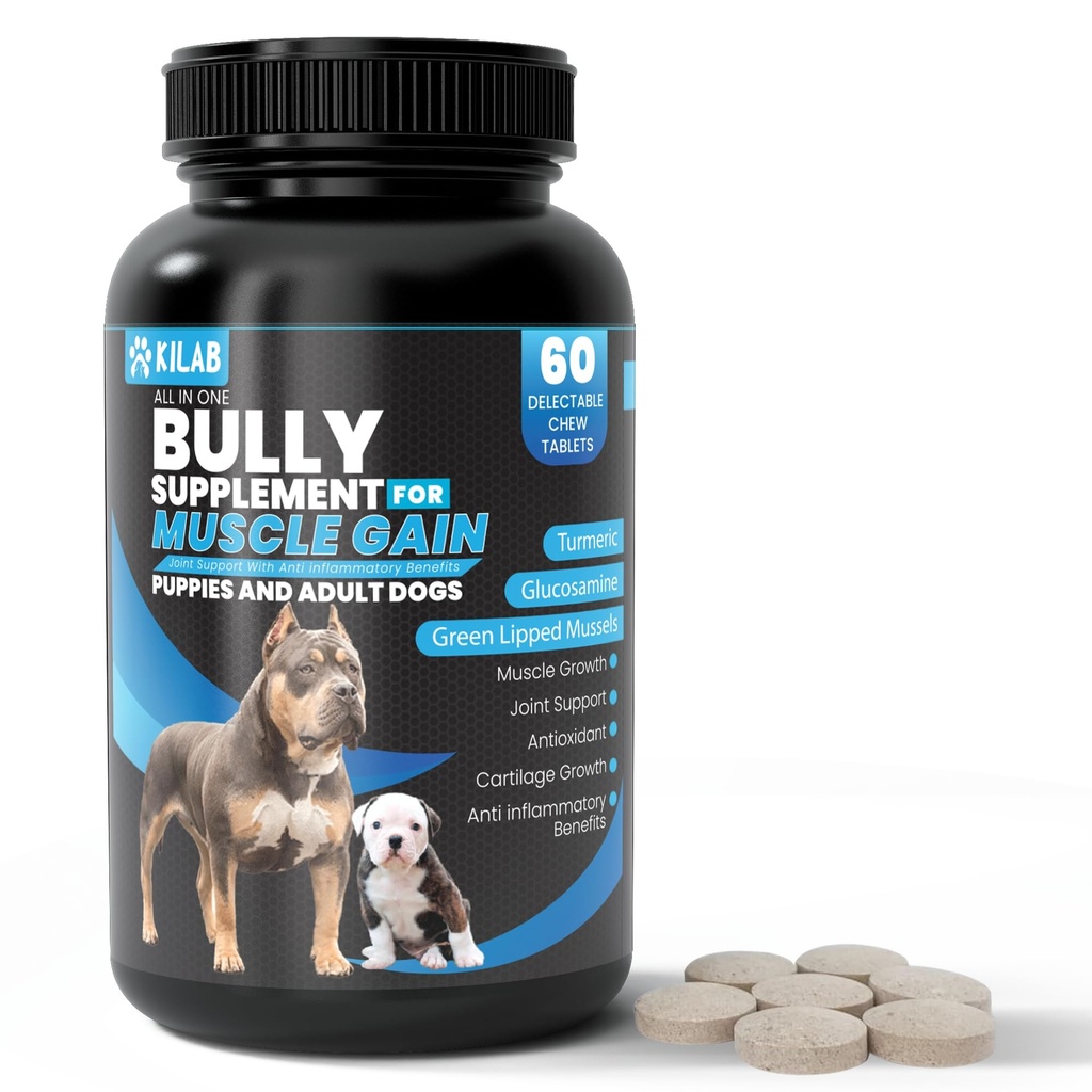 Kilab Dog Weight Gainer – 60 Count Muscle Builder Dog – Muscle – Muscle 生长补充 狗,小狗和成年人的肌肉生长补充 – Bully 生长公式 配有Turmeric,Glucosamine,Green Lipped Mussels