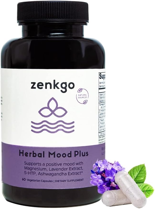 Zenkgo Ashwagandha, 5-HTP, Lavender, Mucuna, L-tryptophan - Mood 支持补编, 植物型, 草药Mood Plus 帮助 冷静心智和压力缓解,情感冲动,可能性(60Ct/30日)