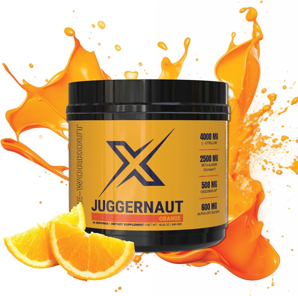 Juggernaut X 工作前补充(Orange) - 靴子强度,耐力,能量 - L-Citrulline,Beta-Alanine,Creatine,加固 VasoDrive 血压支持 - 30 服务