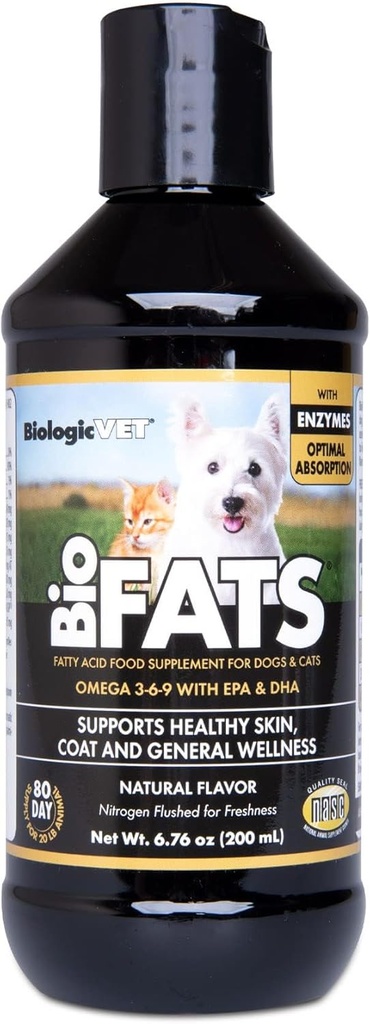 BiologicVET BioFATS - 含有Omegas 3, 6 & 9 - 与EPA, DHA & ALA - 用于狗和猫 - 皮肤和联合健康支持 - 包括鱼, Flaxseed & Olive Oil - 6.76 f. oz.