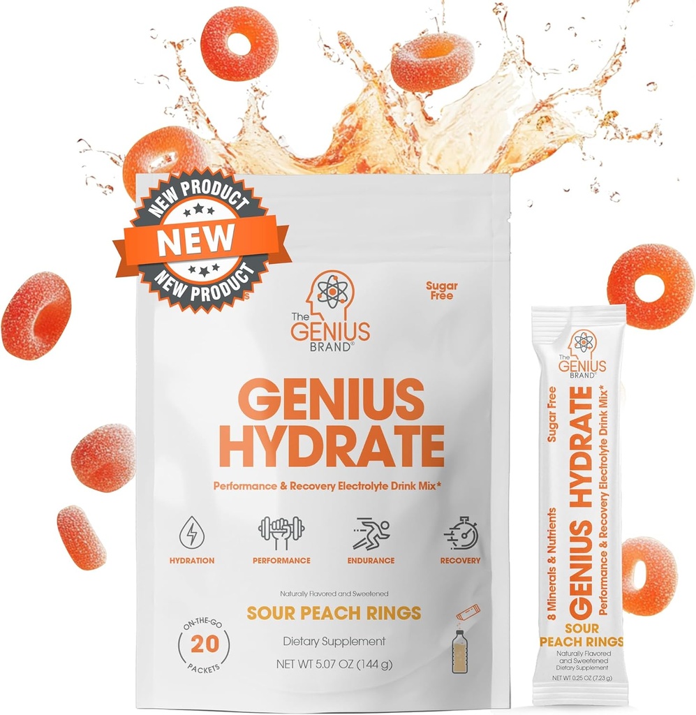 Genius Brand Genius Hydrate - 每日水分的电解补液 - 椰水 - 无糖 - 8 基本矿物和营养物质 - 非GMO - 酸桃环 - 20 种服务