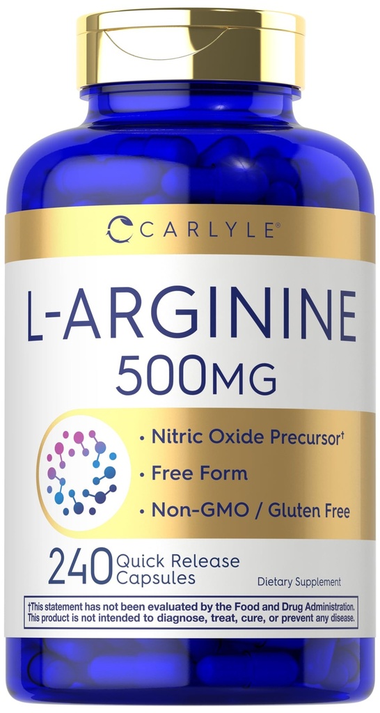 Carlyle L-Arginine 500 mg Capsules | 240 counter | 氮氧化物前体 | 自由形态 氨基酸 | 非GMO和Gluten 免费补充