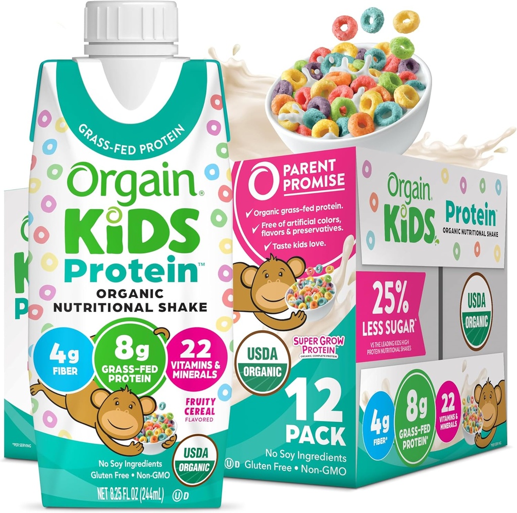 Orgain 有机儿童 营养蛋白摇晃 水果谷 - 配有8g乳制品蛋白,22 Vitamins & Minerals,水果和蔬菜, Gluten Free, Soy Free, Non-GMO, 8.25 Fl Ozz(12包)的幼仔
