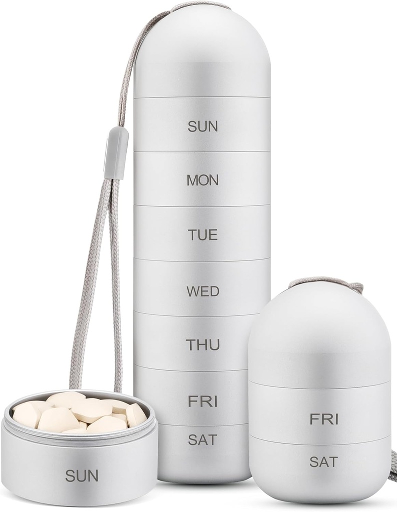 Zannaki Metal Moisture Profect Weekly Pill Organizationer, 可堆叠铝合金 BPA 自由旅行 徒步 7日 Pill Box 案例 防水和大比较 持有 Pills,维生素,鱼油, 补充品