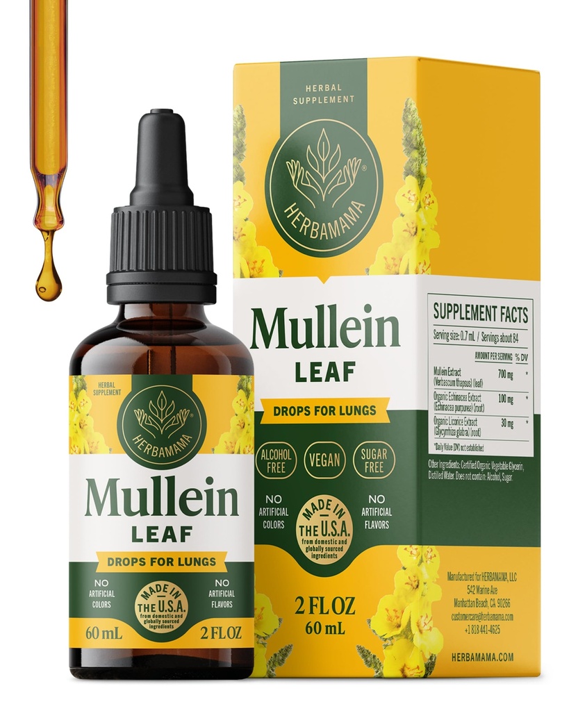 HERBAMAMA Mullein Drops for Lungs - Vegan Mullein Leaf 提取剂 for Lungs Clease Support - 非GMO,酒精和无糖呼吸补充剂,28日供应