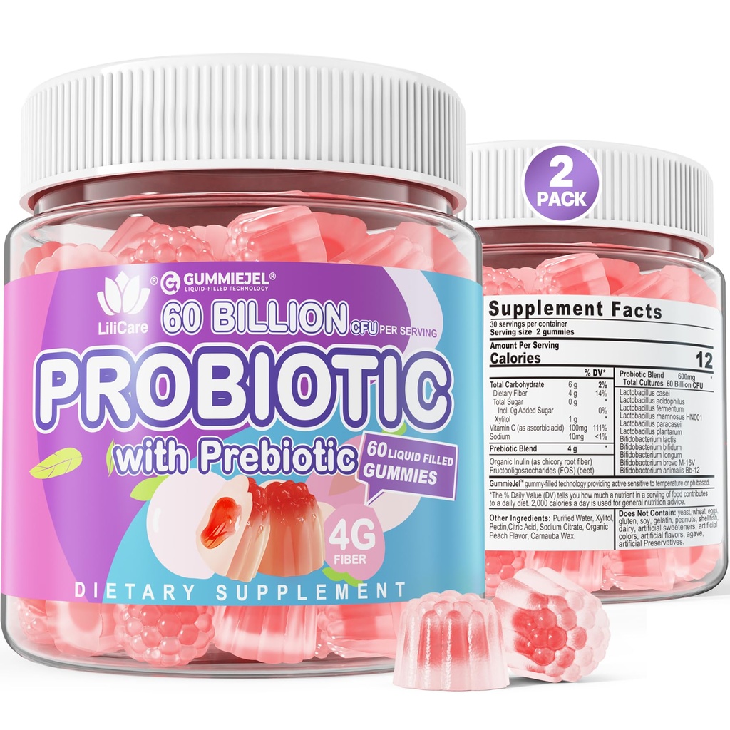 2Pack Probiotic + Prebiotics Gummys 免糖 6亿 CPU, 11 Strains Probiotics 填充女性男性的Gummy 消化健康和Gut 健康,支持便秘,腹泻,气体和布洛廷