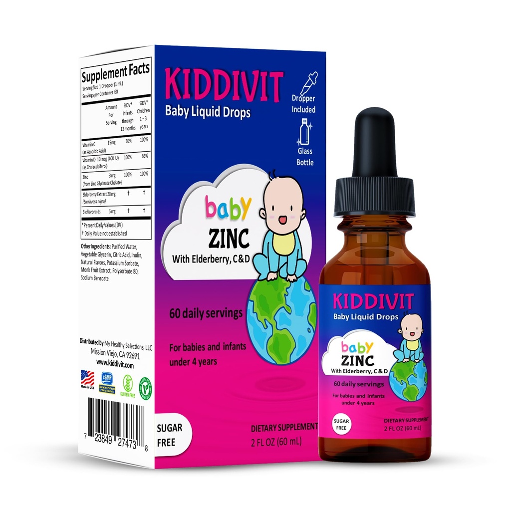Kiddivit Baby Zinc 液体滴入加长莓,维生素D3 & C – Gentle Immune 支持补编 – 60 Daily services, Inulin 强化预生纤维 – 糖无糖,Gluten free, Vegetarian, 2oz