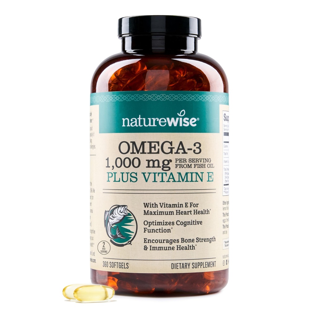 NatureWise Extra-Strength Omega 3 鱼油补充剂-每服1 000毫克-600 EPA和400 DHA和维生素E-支持心脏和脑健康-柠檬火焰,无转基因-360软胶[6-月供