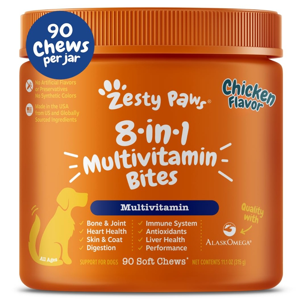 Zesty Paws Dog 多维他明,可嚼的狗维生素和Hip & jobs,Skin & Coat,Omega 3鱼油用于狗 - 高级和小狗 多维他明 - 鸡 - 90厘米