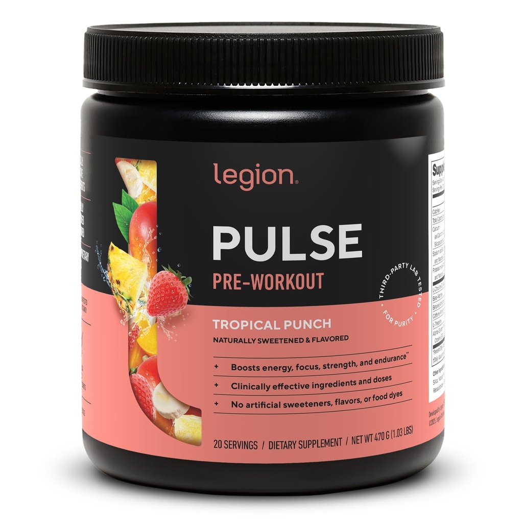 LEGION Pulse Pre Workout - 所有天然氮氧化物 Preworkout 喝到靴状能量,Creatine自由,自然甜化,Beta Alanine,Citrulline, Alpha GPC(热带冲刺)