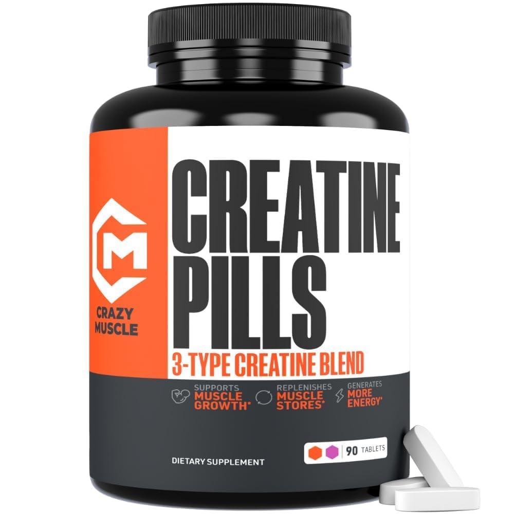 疯狂肌肉 Creatine Pills, 5g 3X纯Creatine Monohydrate, Pre Workout Bulk Muscle Mass Gainer, 高吸收易取三Atine 3类型优化性能促进精益增长, 90片