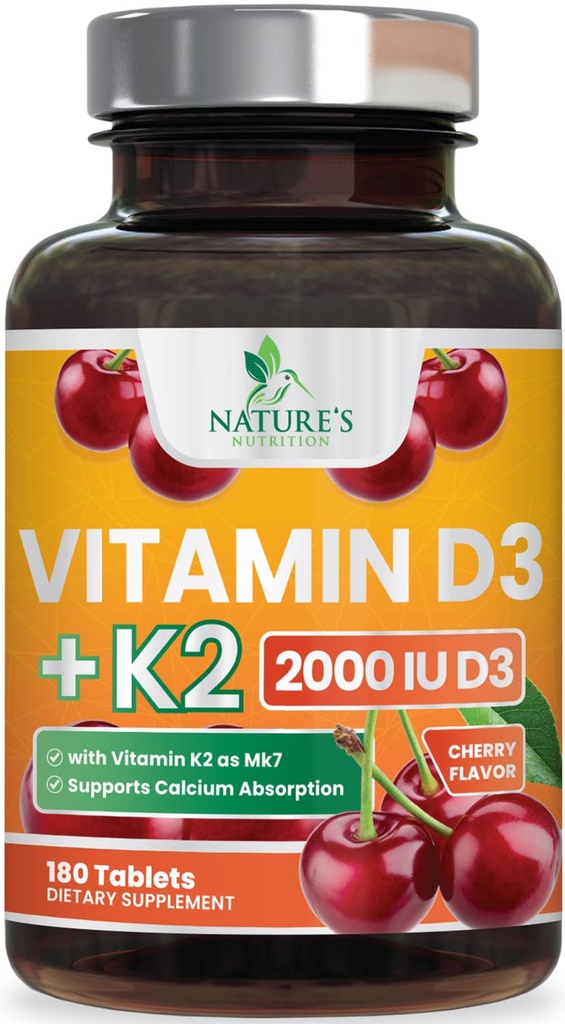 维生素D3 K2 2000 IU Plus 配以 K2(MK-7) 75 mcg - 维生素D & K 复合剂补充剂,用于骨,齿,肌肉,钙吸收,支持免疫和心脏健康,非GMO 烹饪配方 - 180片