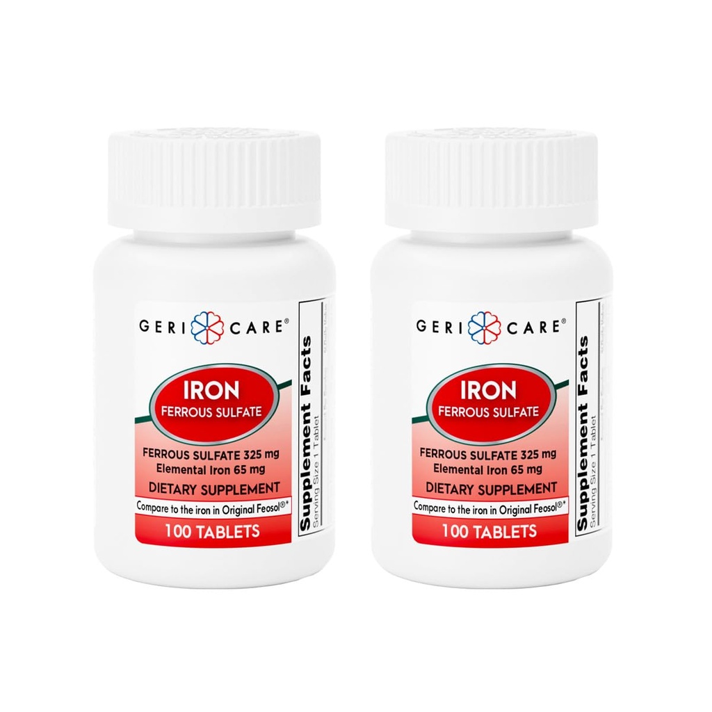 GeriCare Ferrous Sulfate Tables 325mg, 元素铁 65 mg 高潜能铁 补充 QQ 饮食 补充 100 计数 (Pack of 2).