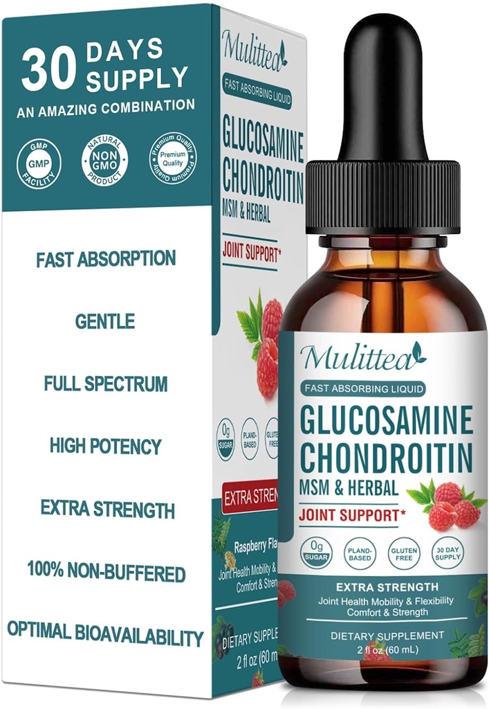 Glucosamine Chondroitin MSM 液滴-w/Elderberry, Boswelia & Hyaluronic 酸-超强联合支持流动、灵活性和骨骼、高度吸收60ml(2 fl oz)