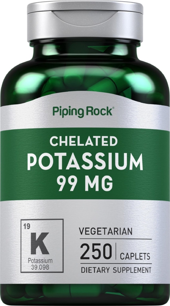 管道岩 Chelated Potassium 补充 99mg → 250 caplets → Gluconate → 植物学,非GMO, Gluten Free