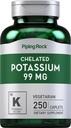 管道岩 Chelated Potassium 补充 99mg → 250 caplets → Gluconate → 植物学,非GMO, Gluten Free