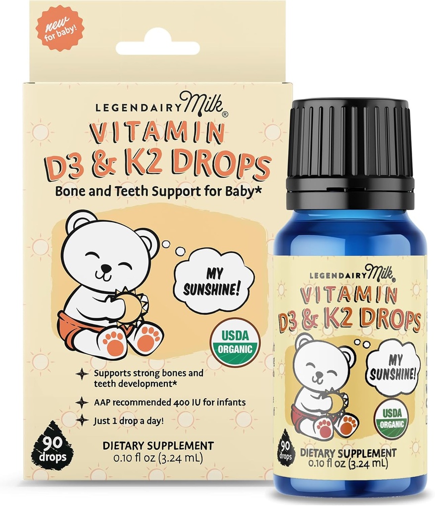 传说中的牛奶 有机婴儿 维生素 D3 K2 液体滴,400 IU 婴儿 维生素 D 液体滴,有K2 滴,新生儿 维生素 D 滴,托德勒斯,和孩子 维根 90 液体滴