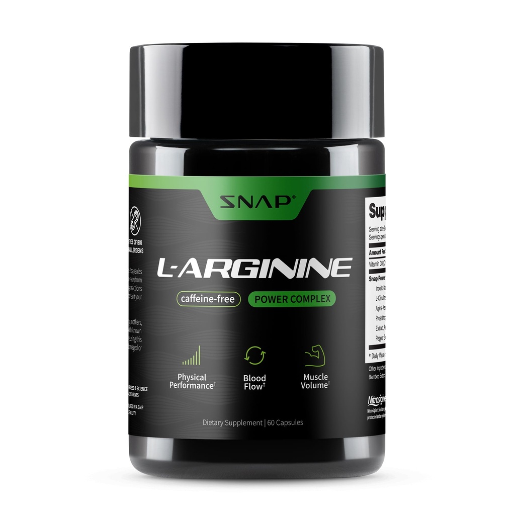 Snap Supers L Arginine Capsules - 支持自然能源、血液流动增加和肌肉生长以及心肌健康,60个蔬菜Capsules(30个服务期,1个月供应期)