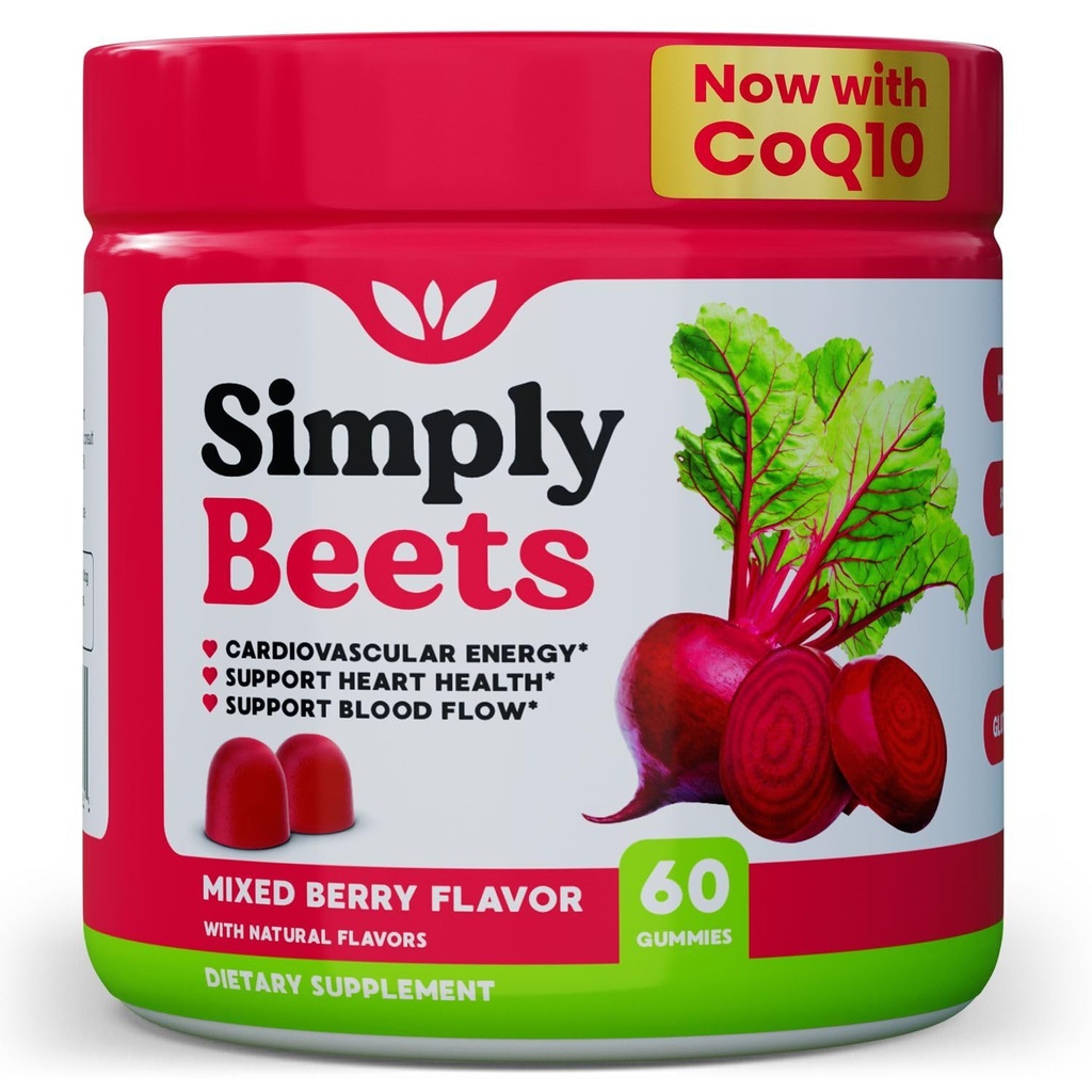 配有 CoQ10-Nitrial Oxide 和 能量支持的 Beet Gummys - 非 GMO Beetroot 粉末和葡萄种子提取 - 天然混合莓 Flavor-60 计数