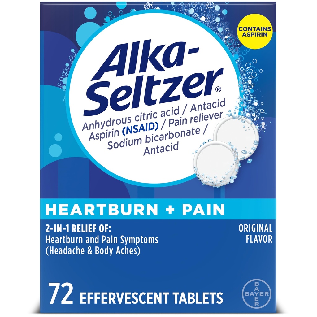 Alka-Seltzer Heartburn + 疼痛 Effervescent Aspirin + 酸性药片、快速心脏灼伤救济和酸性消化救济、使用Aspirin的疼痛救济,72 Ct