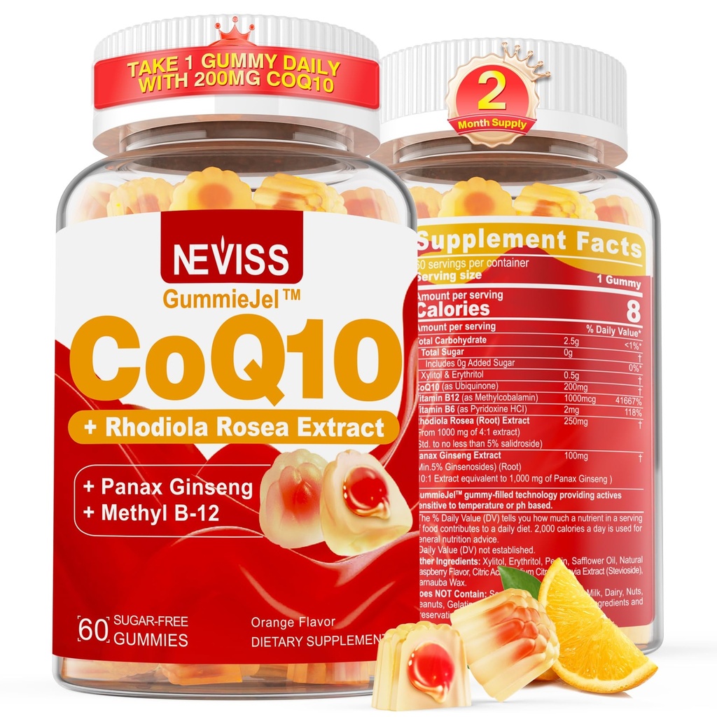 不含糖的CoQ10-200mg 400mg 填充胶类 - 2个月供应 - w/维生素 B12 1000mcg, Rhodiola Rosea & Panax Ginseng, B6, Coenzyme Q10 吸附酶,能量,抗氧化剂,超吸收