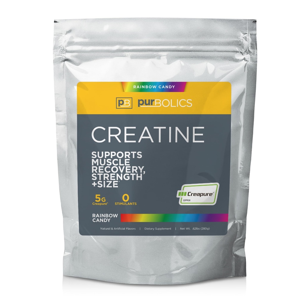 Purbolics Creapure Creatine Monohydrate,微量化Creatine 5g, 精益求精的锻炼性能与恢复, 建设力量,增强泵(50个服务,彩虹糖果)