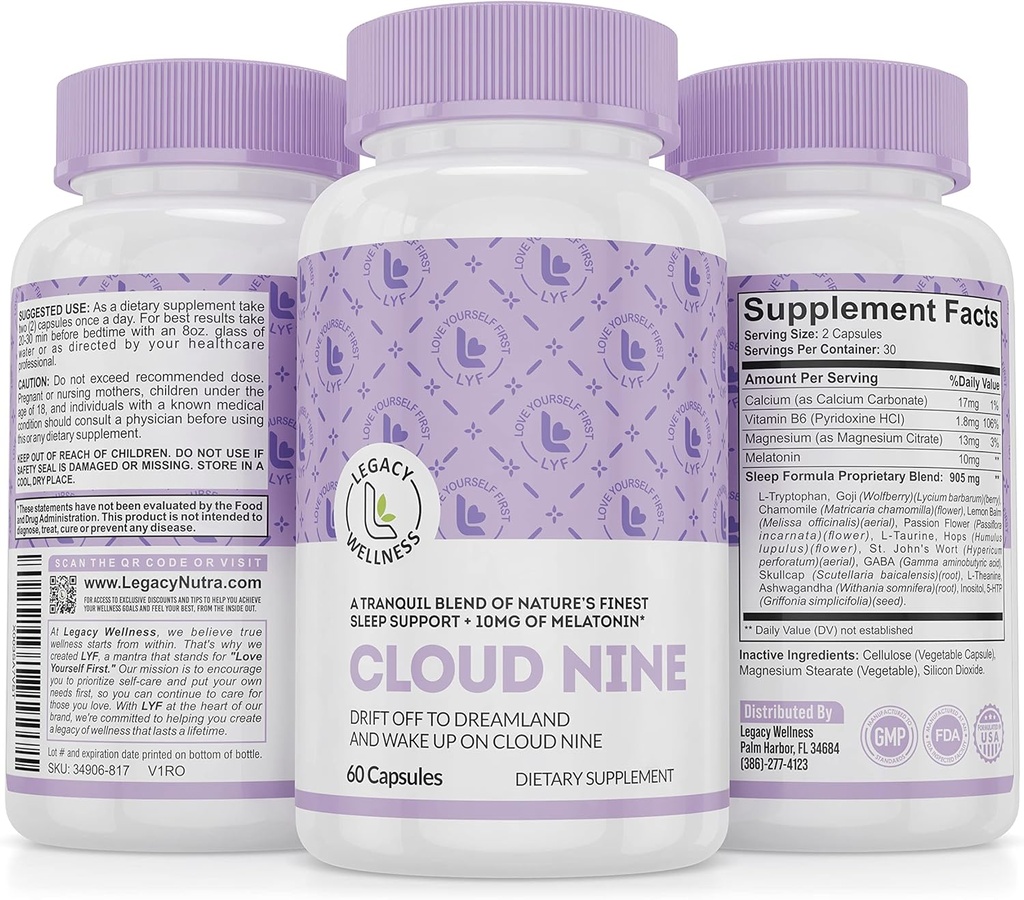Cloud 9 - All Natural Sleep Aid Supplement - 放松维生素和草药配方 - 10mg Melatonin Calcium Magnium L - Thenine 5-HTP GABA St. John's Wort Ashwagandha Chamomile & More 60 Vegan Capsules