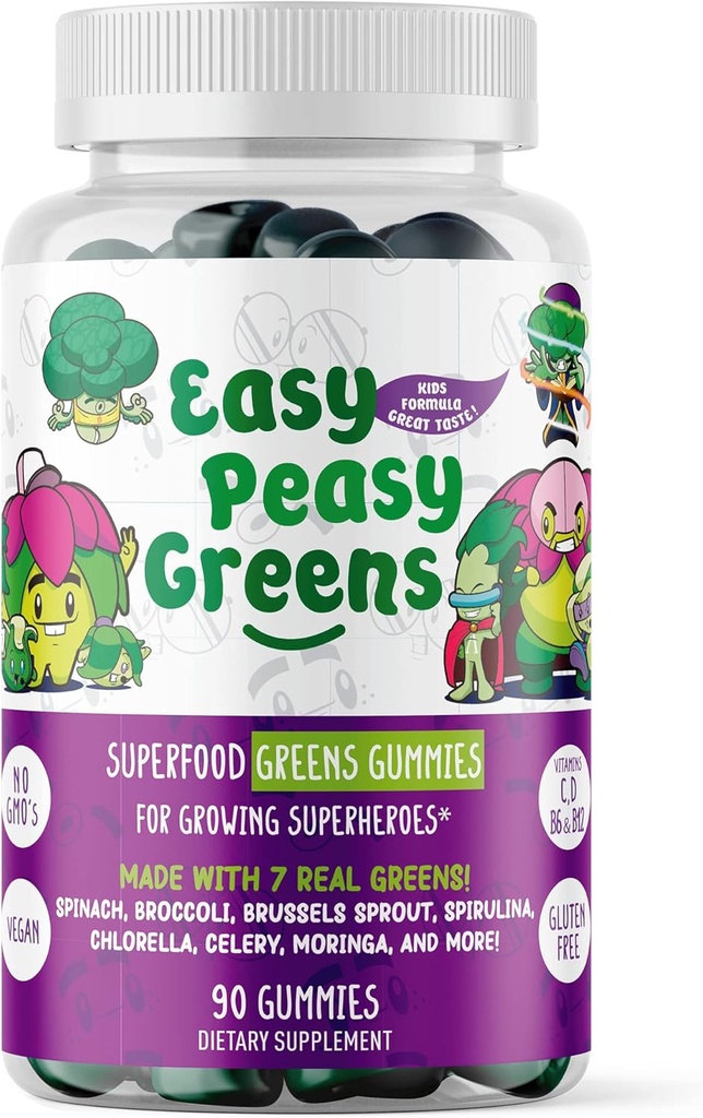 EasyPeasy Greens Daily Veggie Gummys for Kids - 90 Greens Gummys - 帮助选食者获得他们的蔬菜 - 制作有10个真正的蔬菜提取和100%的Vegan