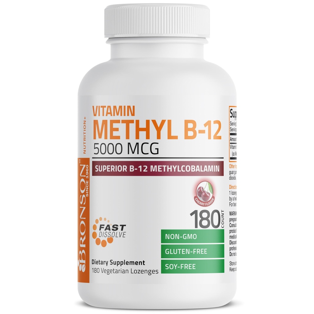 布朗森甲基B12 5000 mcg 维生素B12 甲基Cobalamin 能量和大脑支持,180 Lozenges