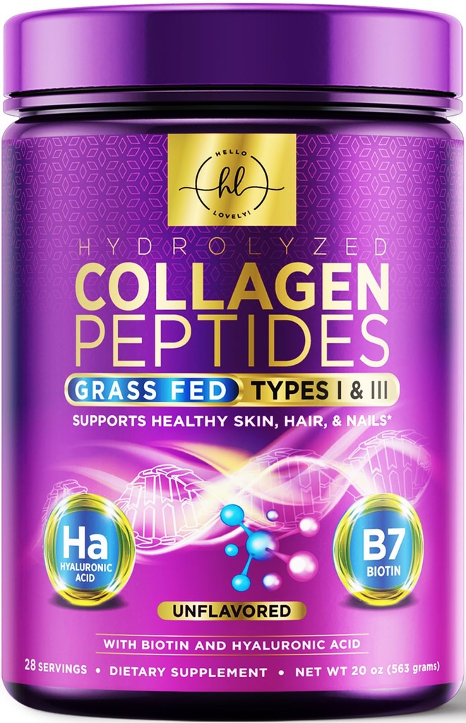 Collagen Peptides Powder 20G 配有Hyaluronic Acid & Biotin,不味草药 水解粉 I & III 型 - 支持头发,钉子,皮肤,骨和联合 - 最佳 Collagen 补充剂 - 28 服务