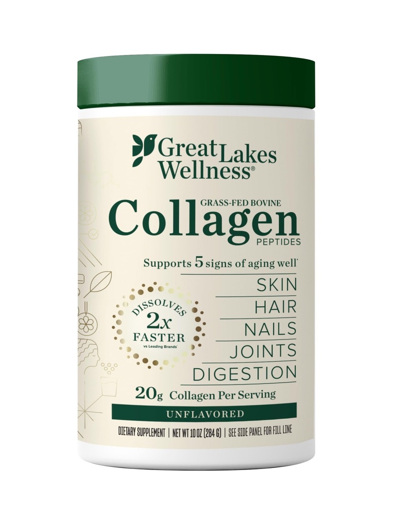 大湖井水(Great Lakes Wellness Collagen Peptides Powder),用于皮肤,毛发,钉子,联合和文摘 - 不受欢迎 - 快速溶解水解,非GMO,Keto,Kosher - 10 oz