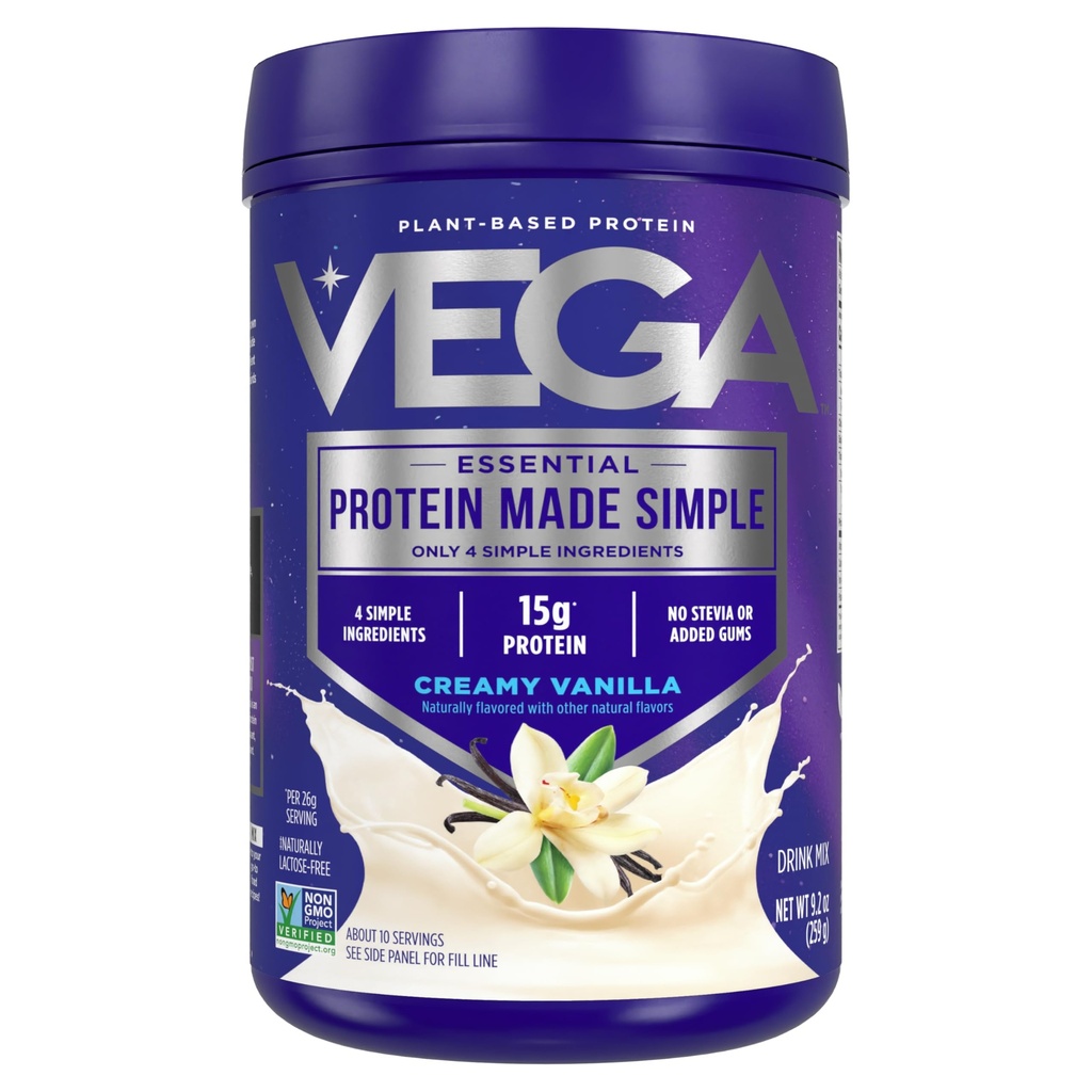 Vega蛋白质制作简单蛋白粉,香草 - Stevia Free, Vegan,植物基,健康,Gluten Free, Pea protein for Men and Men, 9.2 oz (包装 May Vary)