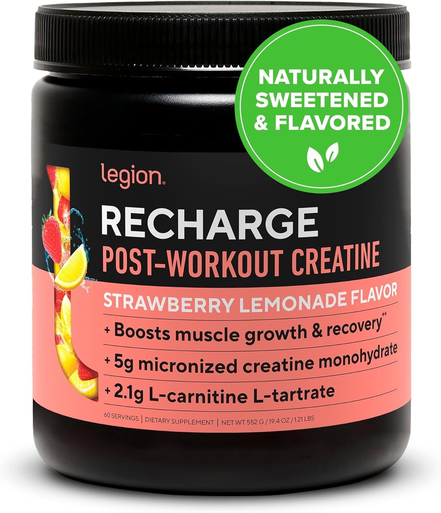 LEGION再充电后工作补充剂(Strawberry Lemonade) - 所有天然肌肉构建器和回收饮用微晶体单水合物. 自然甜美的60岁