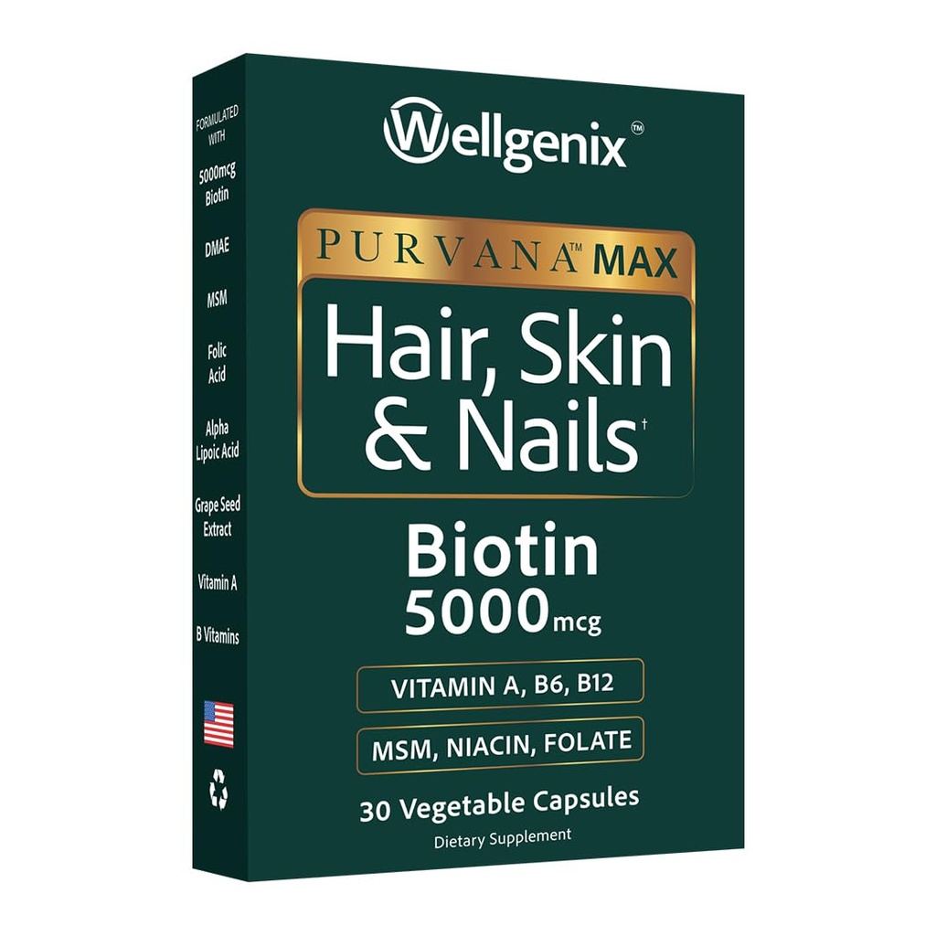 Wellgenix Purvana Max Hair, Skin, and Nails Vitamin - 双强生物锡 5000 MCG,VIT A & B,Folic Acid,葡萄种子提取 - 头发支持补充 - 30 Capsules (Pack of 1)