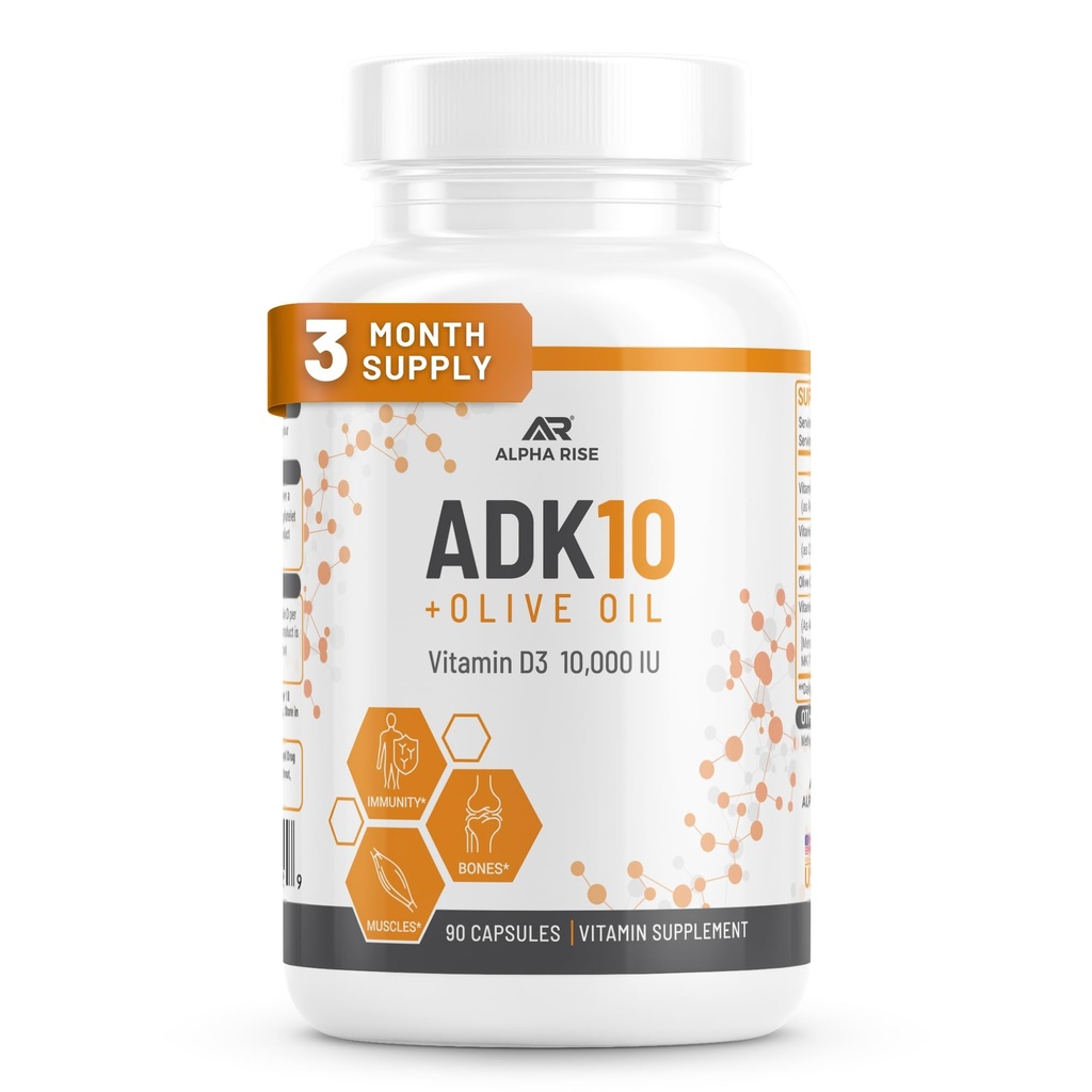 ADK 10 维生素补充剂 + 橄榄油以更好地吸收 - 维生素A + D3(10,000 iu) + K2(MK7+MK4) - 90 Capsules - 蔬菜 - 非GMO