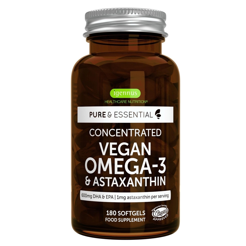 Igennus Vegan Omega-3 Natural Triglyceride Algae Oil, DHA & EPA Fatty Acid Supplement, 180 Small Softgel with Astaxanthin, Easy-to-Swallow, Pure & Sustainable, 90 services (原始内容存档于2018年) (英语).