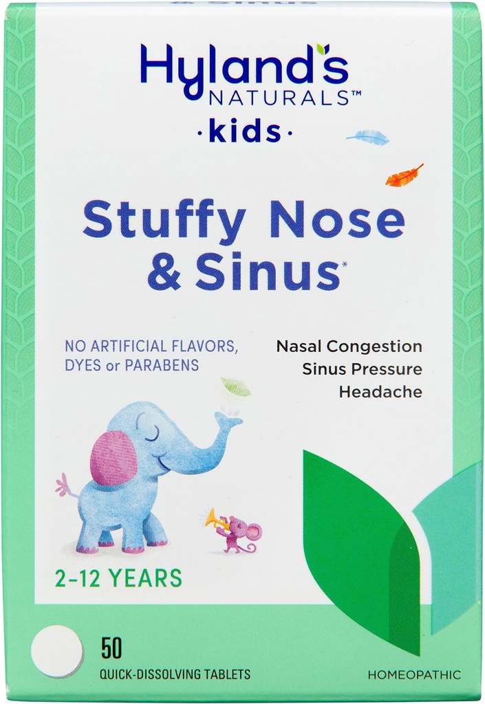 Hyland's Kids Stuffy Nose and Sinus Tablets, Cold Medical for Children Agents 2 and up, Headche Relief and Nasal Decongestant, Quick Disolution Tablets, 50 Counters, 2017年统计中,Hyland的孩子们的斯图菲·诺斯和辛纳斯板块,2岁及以上儿童的冷药,头痛救济和鼻腔解毒剂,快速解毒板,50个