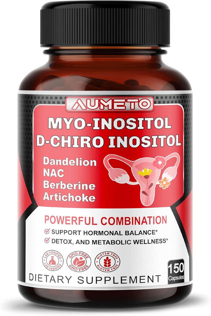 Myo-Inositol + D-Chiro Inositol – 150 Capsules – 配有福拉多,NAC,柏培林,CoQ10,以及Detox Blend – 支持荷尔蒙平衡与代谢健康 – 非GMO,Gluten-free