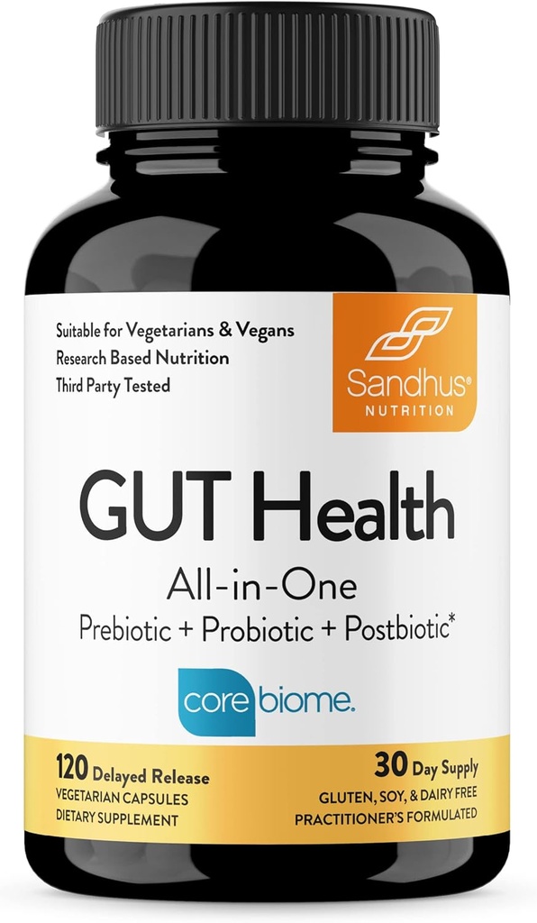 Sandhu's Gut Health - Prebiotic, Probiotic, Postbiotic & L-Glutamine – 消化性健康, Colon, Probiotic 总补充 – 120 延迟释放 Capsules