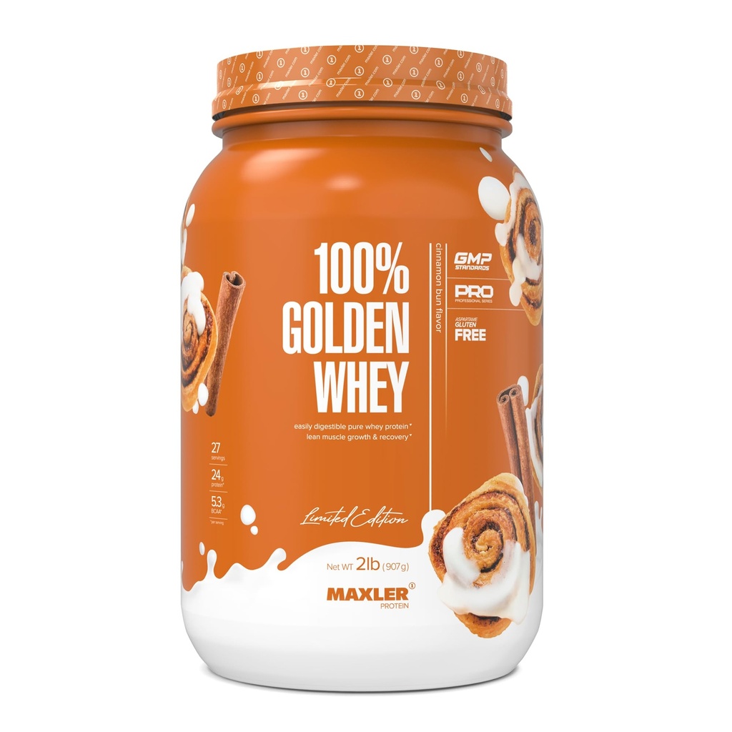 Maxler 100% Golden Whei蛋白 - 每服24g蛋白 - Premium Whey蛋白粉用于前期工作 - 快速吸附Whey 集中,隔离和水解混合剂 - Cinnamon Bun 2 磅