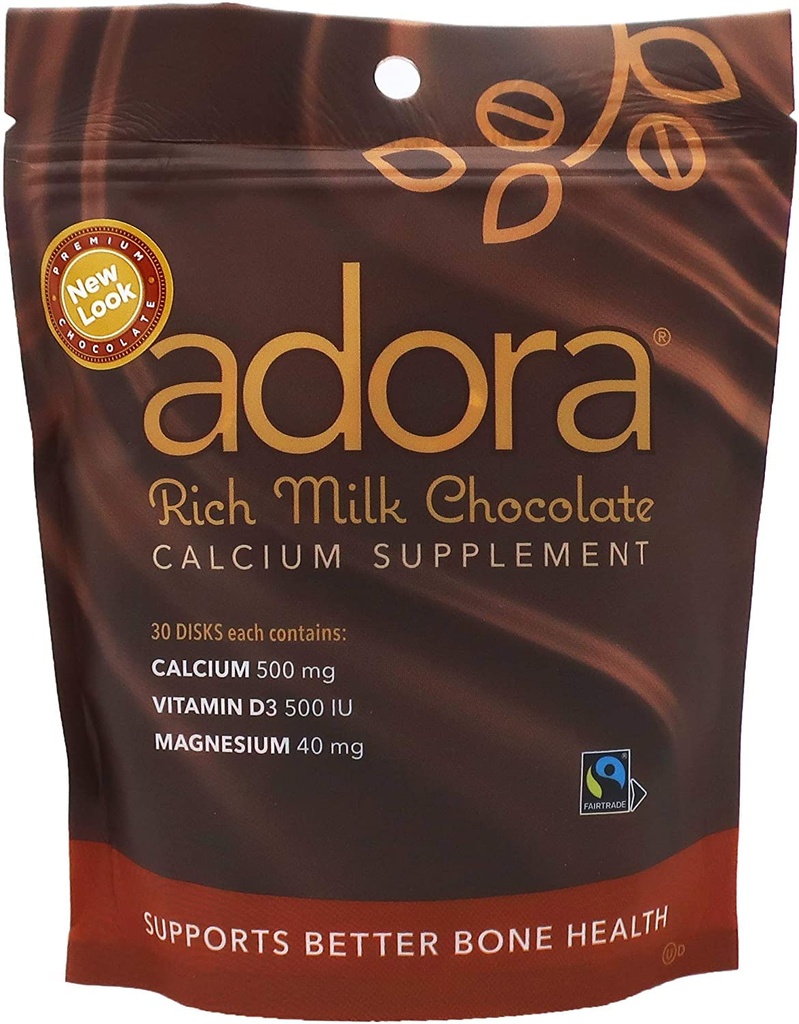 Adora Premium 维生素D3 镁和钙补充剂,500毫克,牛奶巧克力,30个
