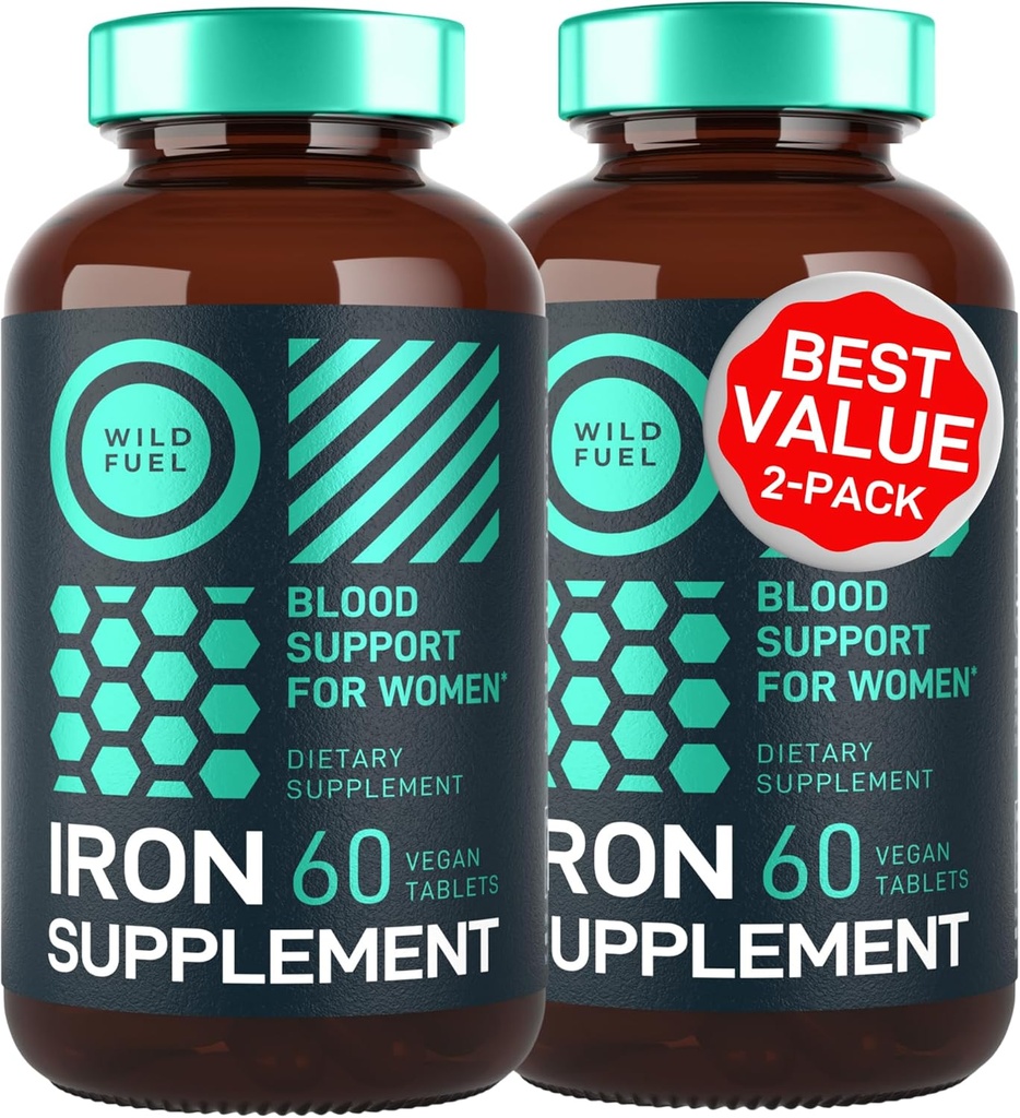 含叶酸女性的维干铁补充剂 - 35 mg 造血器 Ferrous Sulfate, Folic Acid 400 mcg - 贫血和妊娠支持女性的铁药丸 - 120 Gluten无叶片 - 2Pack