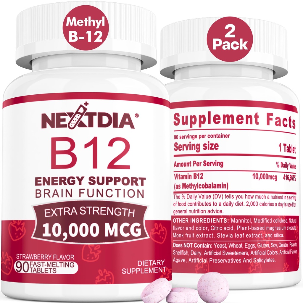 B12 维生素 10,000 mcg,甲基维生素 B12 亚语言 - 能量促进器,焦点,代谢和脑健康支持,免疫系统支持,快速溶解,天然草莓Flavor,180 services